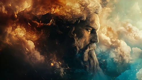 Profile of bearded stone face integrated into turbulent clouds