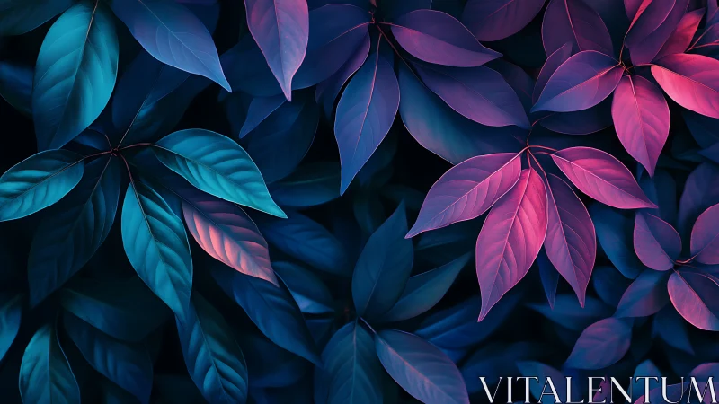 Vibrant blue and magenta leaves in close-up pattern