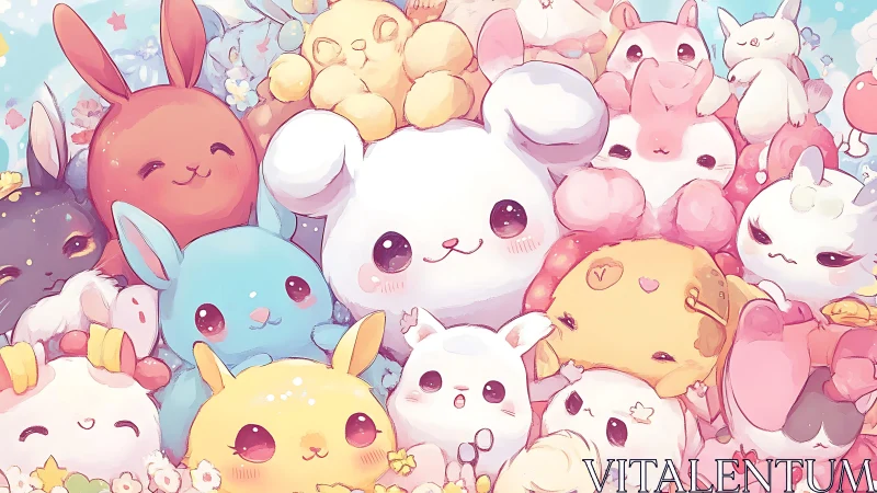 Pastel plush bunnies cuddle together in a dreamy crowd.