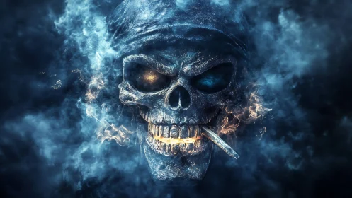 Flaming skull portrait in atmospheric digital painting style.