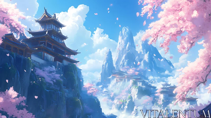 Mountain temples framed by luminous cherry blossoms in mist.