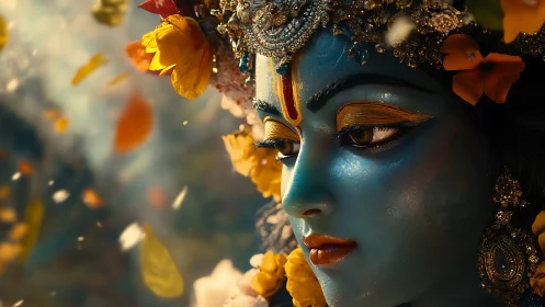 Blue-faced divine figure with ornate floral headdress.