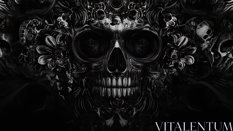 Baroque black skull formed from swirling organic tendrils.