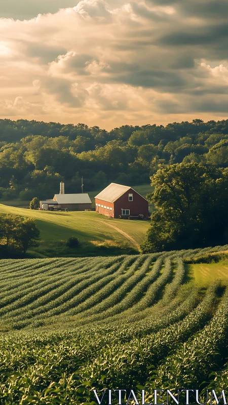 Rural hillside farmstead with fields under cloudy sunset.