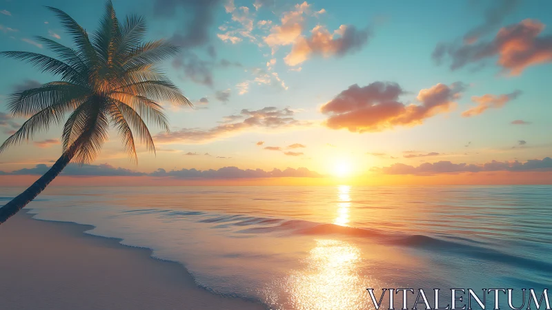 Golden tropical sunrise bathes a serene palm-lined shoreline