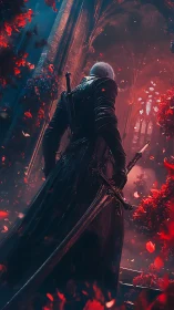 Figure with swords stands in red-lit cathedral interior