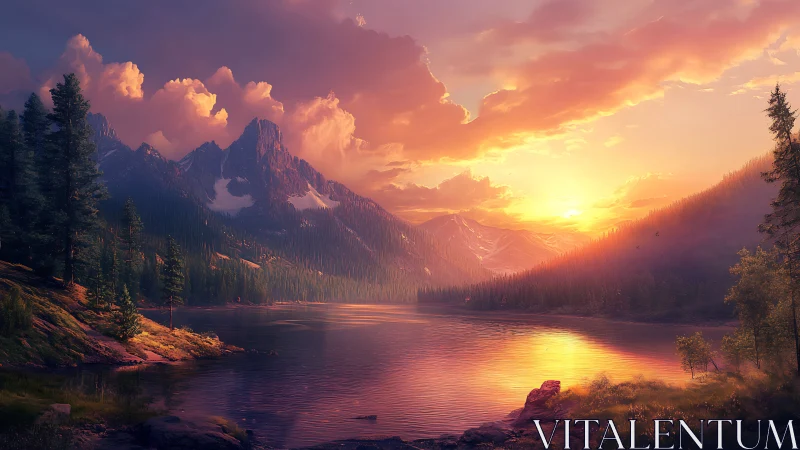 Sunset light floods a tranquil alpine lake and misty peaks