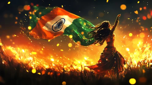Flaming twilight scene with woman raising Indian flag high.