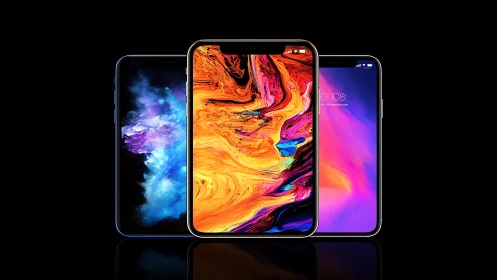 Bold colorful smartphones glowing against a sleek black backdrop.