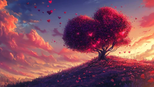 Heart-Blooming Tree Beneath Love's Crimson Twilight.