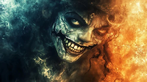 Bifurcated demonic face rendered in contrasting fire and smoke