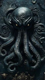 Eldritch octopus emblem emerges from dark metallic depths