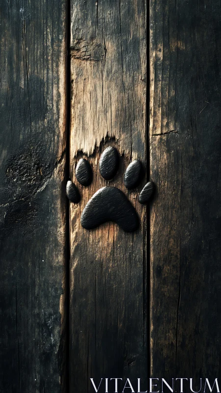 Paw print relief embedded in vertically aligned aged wood.
