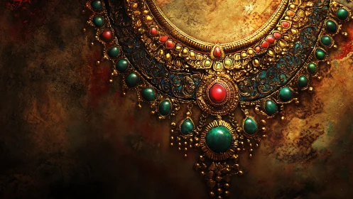 Opulent gold necklace with emerald and coral cabochons.