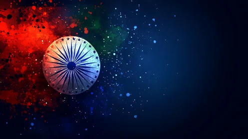 Radiant Ashoka Chakra glows within splashed tricolor space