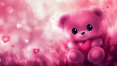 Pink digital teddy bear sits in grass holding heart shape