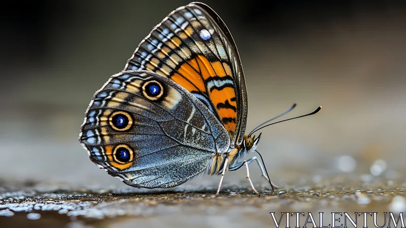 Macro close-up of blue and orange butterfly wing eyespots profile