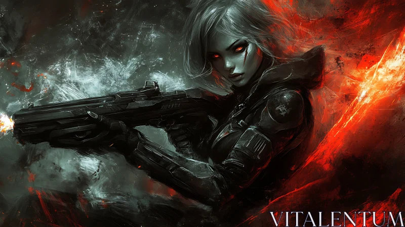 Fierce space renegade framed in flame lit cosmic chaos.