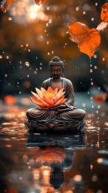 Calm Buddha and glowing lotus cradled in autumn rain.
