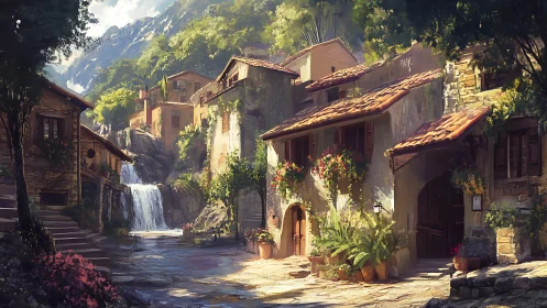 Sunlit hillside village cradling a laughing waterfall lane.