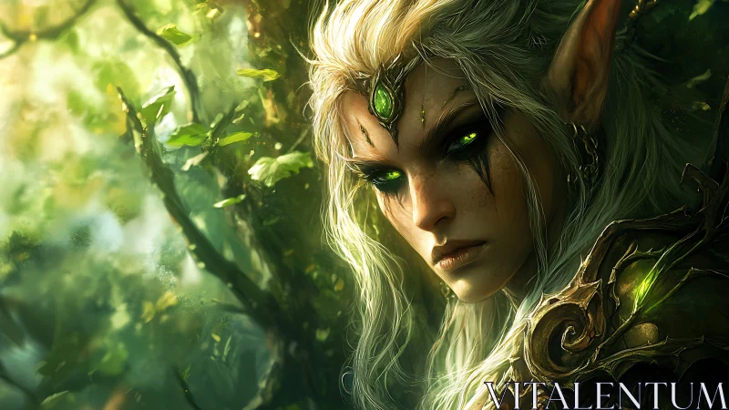 Elf warrior with glowing eyes stands in dense forest light