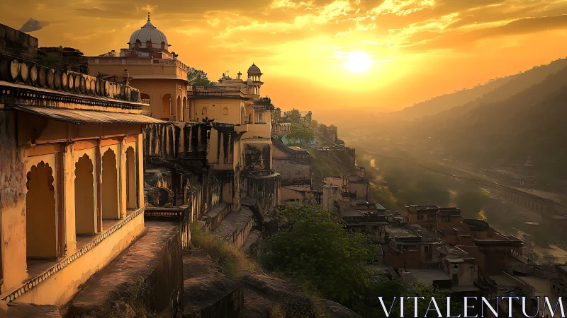 Golden dusk pours over hillside fortresses and quiet river