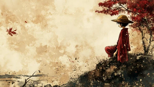 Boy in red robe sits on rocky cliff under red tree alone