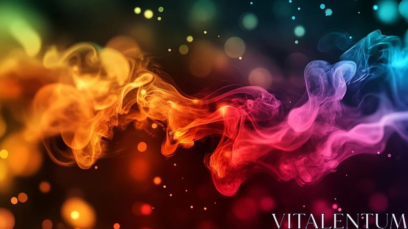 Multicolored abstract smoke ribbon on dark blurred background.