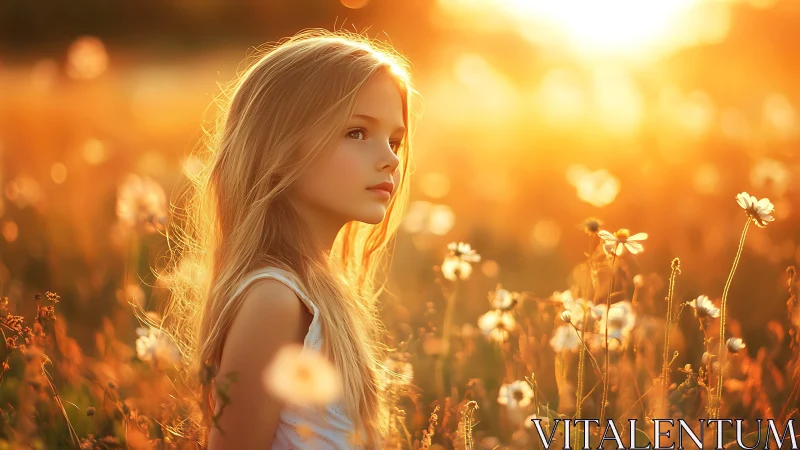 Golden hour portrait of a girl in sunlit wildflower field.
