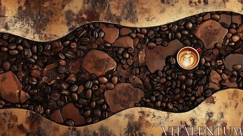 River of roasted coffee stones with lone latte moon cup.