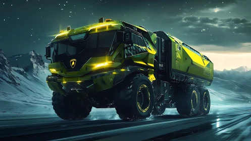 Glacier roads tremble as neon arctic hauler storms forward