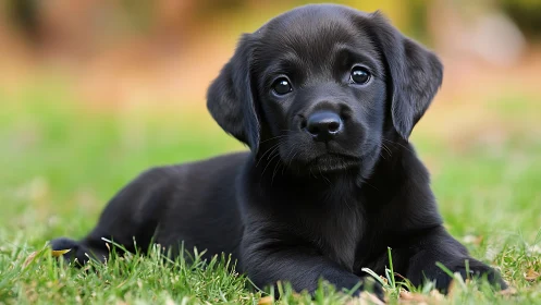Black labrador puppy rests on grass with soulful gaze.