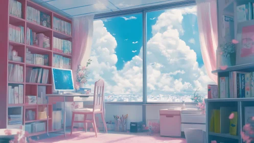Sunlit pastel study room with large panoramic cloud window