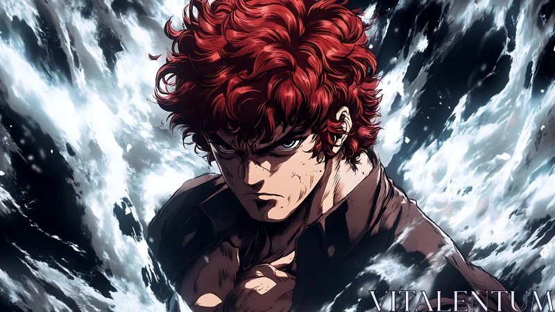 Storm-eyed fighter with wildfire curls in raging surf.