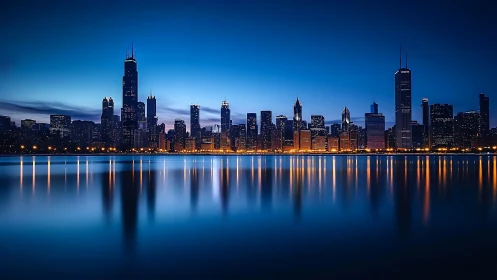 Symmetric blue hour skyline with long exposure waterfront reflections