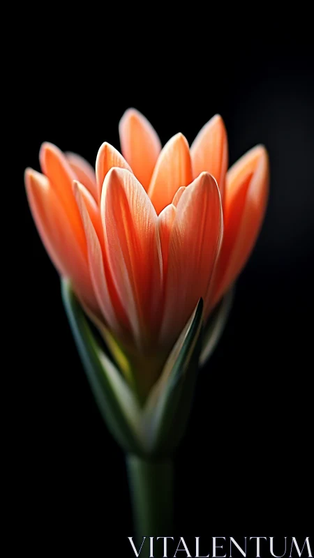 Orange flower bud stands isolated against deep black background