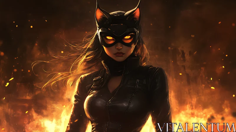 Feline-themed vigilante in pyro-illuminated leather armor frame.