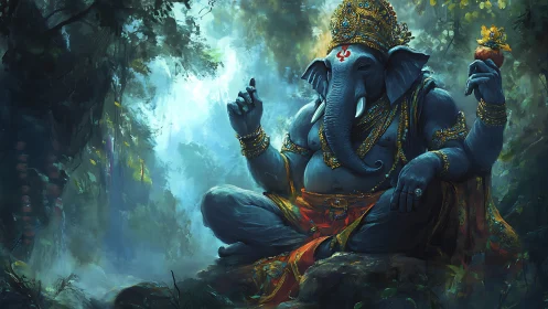 Divine elephant deity meditates in luminous jungle sanctuary.