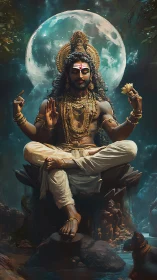 Divine yogic deity in moonlit forest, ornate gold adornments