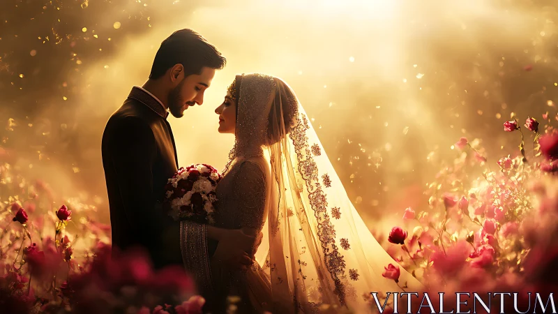 Golden hour wedding couple embrace in rose garden glow.