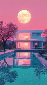 Modern glass villa glows under oversized full moon