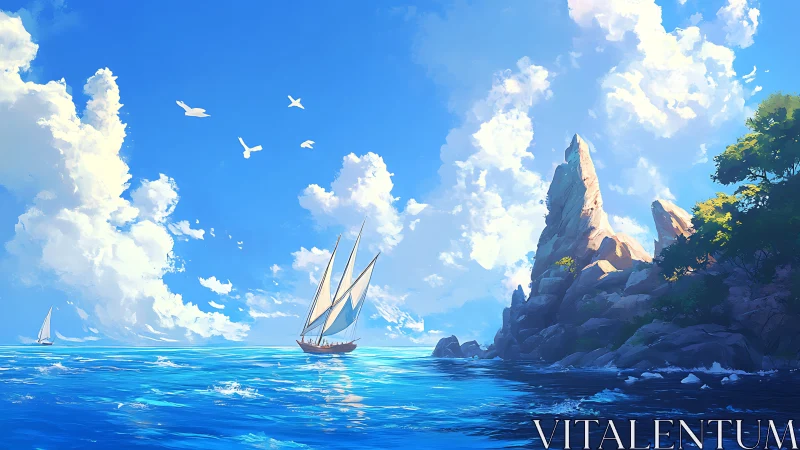 Coastal sailing vessel under radiant cumulus sky at midday.