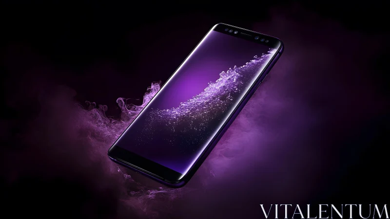Sleek modern smartphone in purple smoke with futuristic digital style.