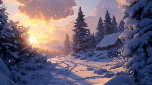 Snow-laden forest cabin at sunset with glowing winter sky.