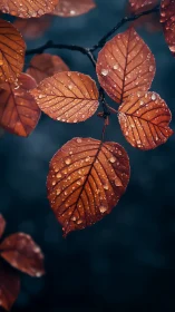 Rain-kissed autumn leaves glowing softly against twilight.