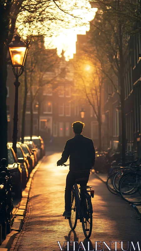 Cyclist on Tree-Lined Urban Street at Dusk