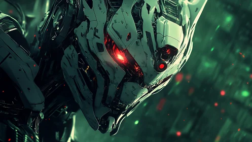 Cybernetic war machine locks target with glowing crimson optics