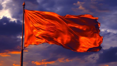 Crimson silk flag in high wind against dramatic storm sky