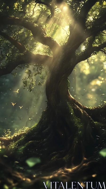 Ancient forest tree glows under diffuse golden sunlight.