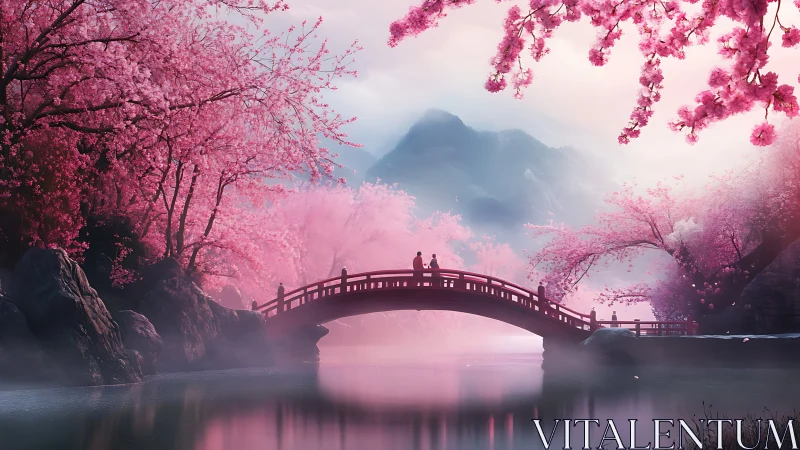 Digital painting of cherry bridge over misted reflective river.